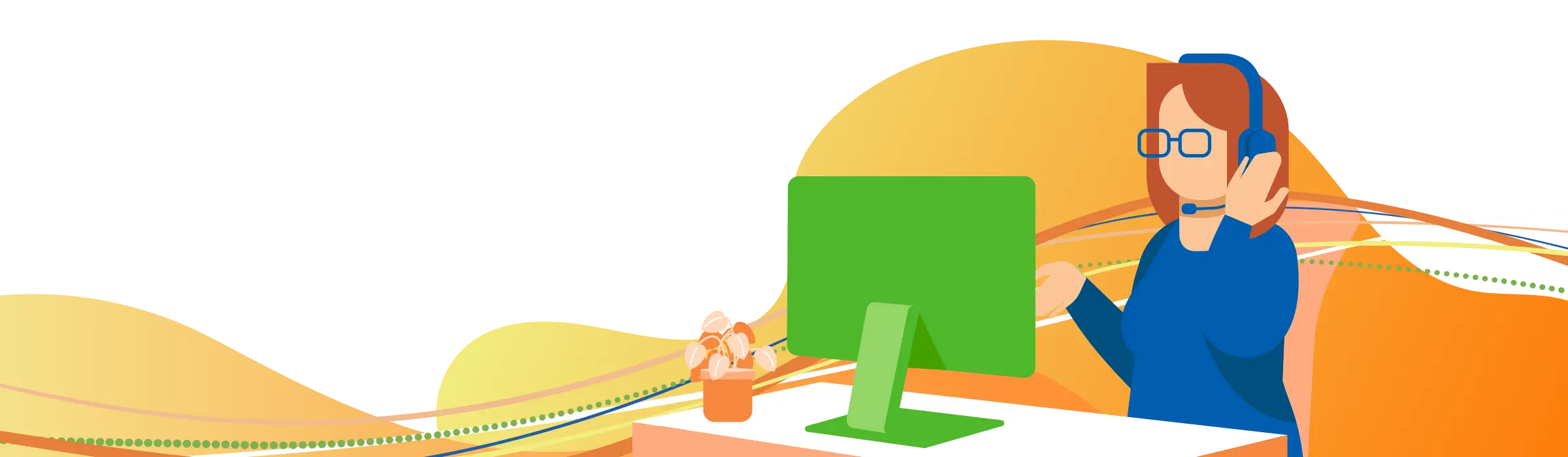 Phone support person sitting at desk facing computer monitor.