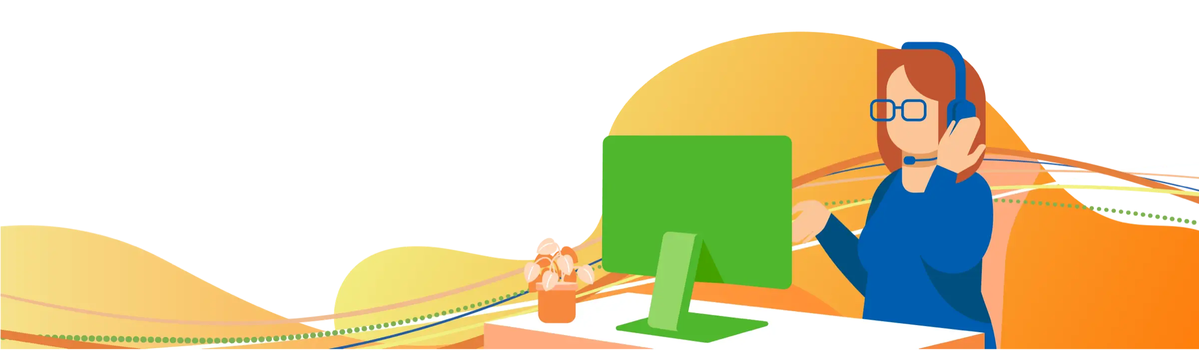 Phone support person sitting at desk facing computer monitor.